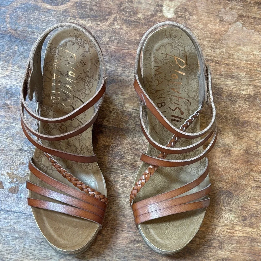 Brown Strappy Wedge Sandals with Cork Platform - Picture 6 of 6